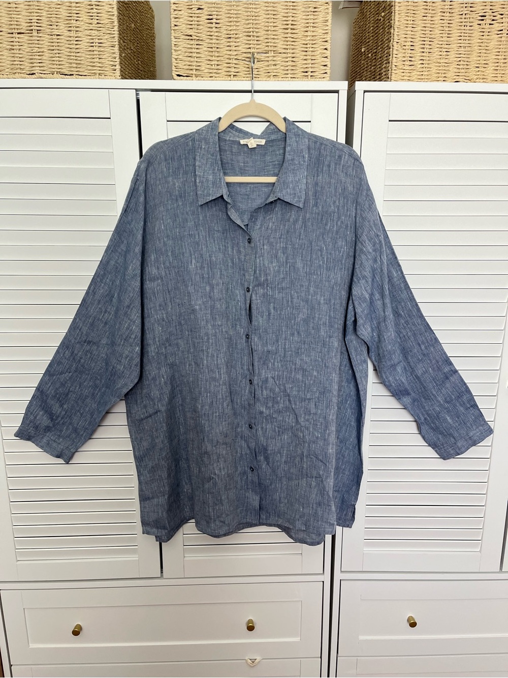 Eileen Fisher Relaxed Organic Linen Button Front Shirt 1X Coastal Nantucket